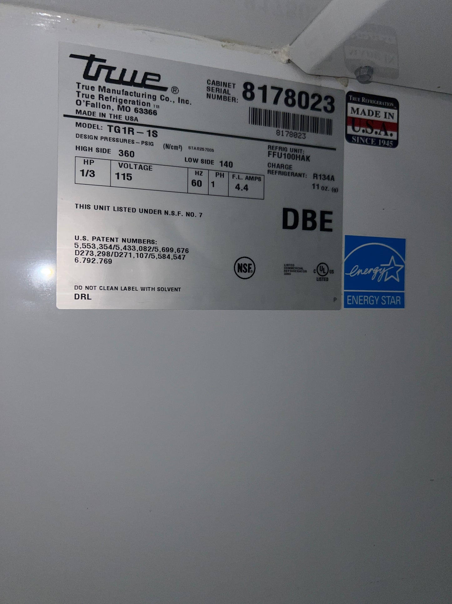 True Single Door Cooler TG1R-1S 8178023 -- #10017