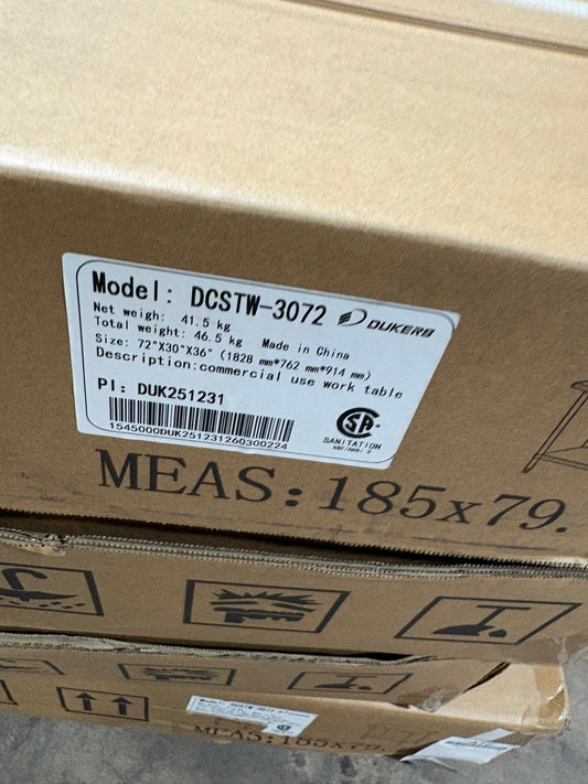 Dukers 72x30 Stainless Steel Table - DCSTW-3072